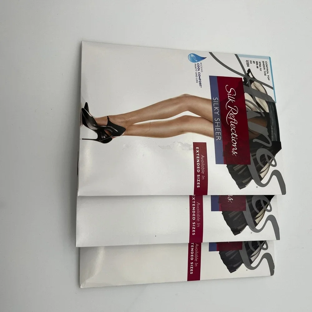 Hanes Pantyhose Womens AB Black Tan Silk Reflections Silky Sheer Control Top 3pk
